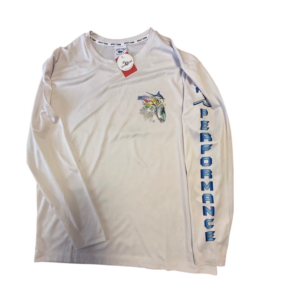 Spicy‎ Tuna Mens Florida Marlin Performance Long Sleeve Shirt White Large New
